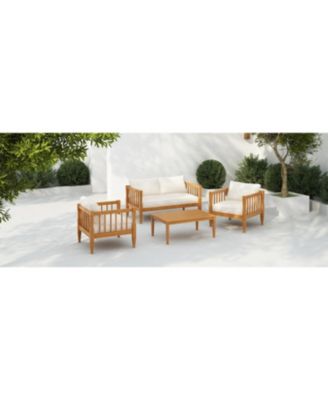 4 Piece Teak Finish Patio Conversation Set with Acacia Wood Frame Coffee Table Thick Cushions for Backyard Porch Balcony