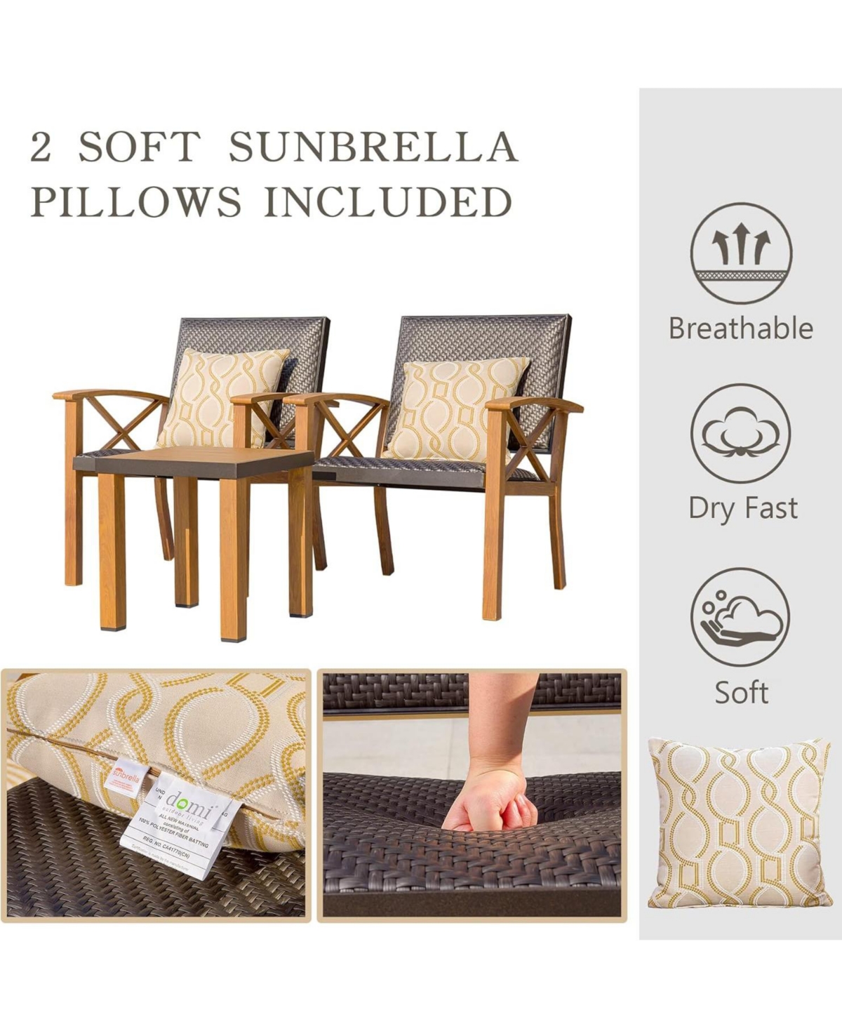 Flynama 3 Piece Patio Bistro Set Wood Grain Aluminum Wicker Porch Chairs with Coffee Table Beige Waterproof Pillows Outdoor Conversation Set