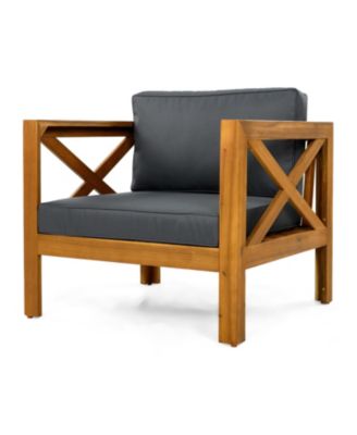2 Piece Outdoor Acacia Wood Club Armchair Set Teak Finish with Dark Grey Cushions Conversation Set