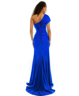 Juniors' One-Shoulder Draped Floor-Sweeping Gown