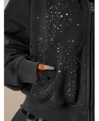 Women's Rhinestone Boxy Zip Up V302 Hoodie