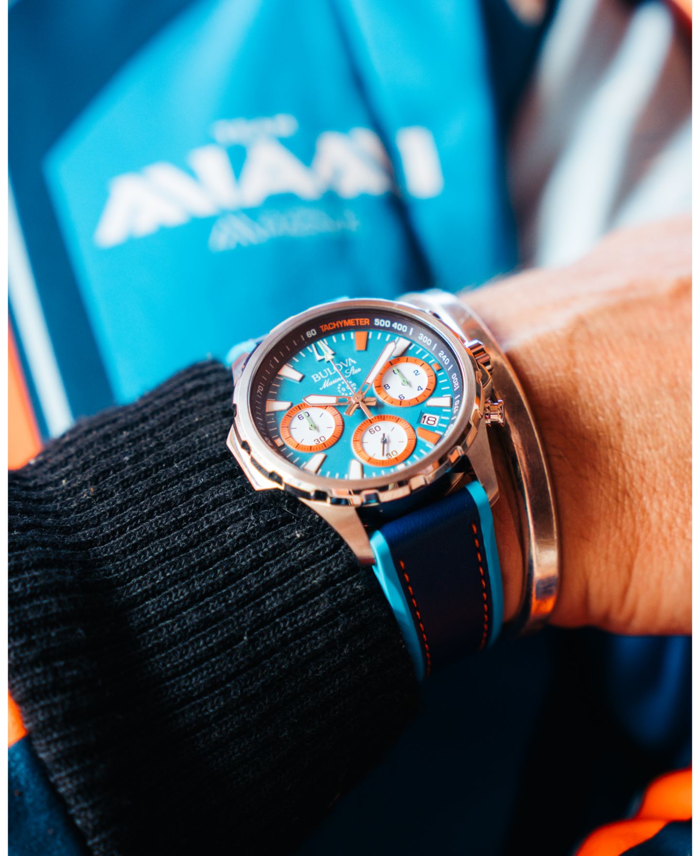 Мужские часы Bulova Marine Star E1 Team Miami Chronograph Blue Leather and Silicone Strap Watch 43mm — фото 6