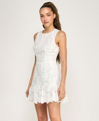 Juniors' Sleeveless Floral Embroidered Lace Crew Neck Dress