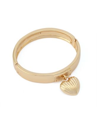Gold Fluted Heart Charm Bangle Bracelet