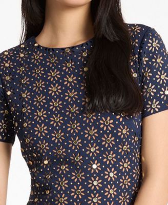 Women's Laser Cut Mirror Crew Neck Midi Dress