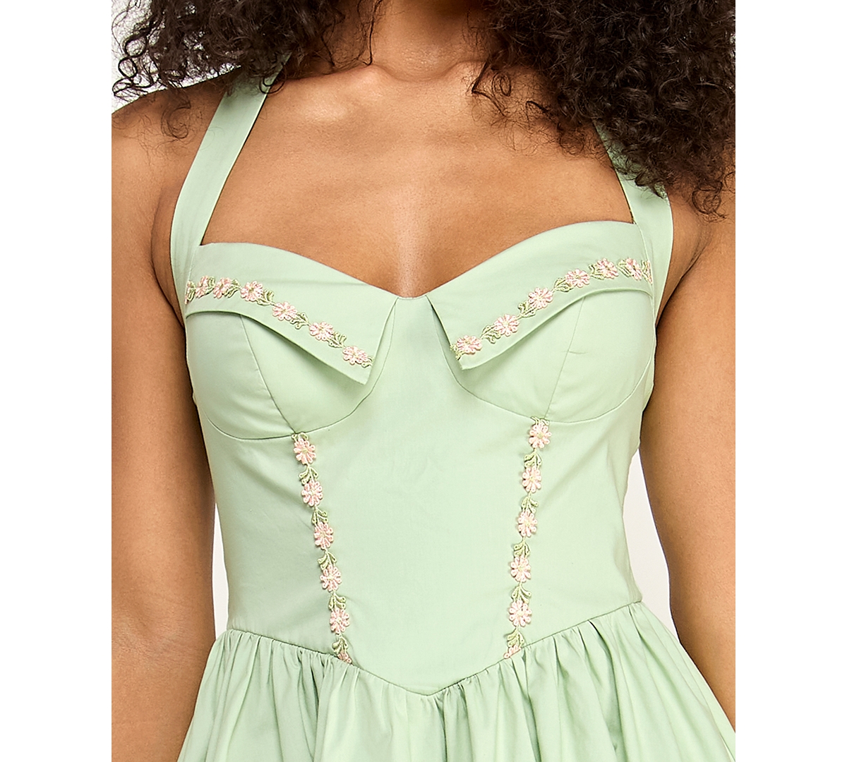 Alex & Sophia Juniors' Halter Poplin Floral Embroidery and Front Tie Fit Flare Dress