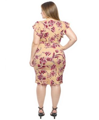 Plus Size Floral Flutter Sleeve Faux Wrap Dress