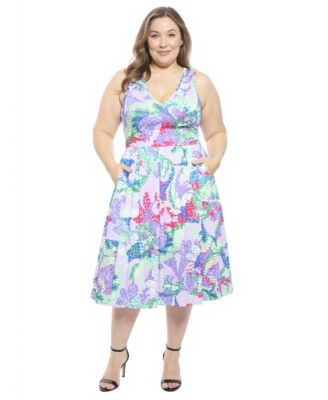 Plus Size Abstract V-Neck Pleated Pocket Midi Dress