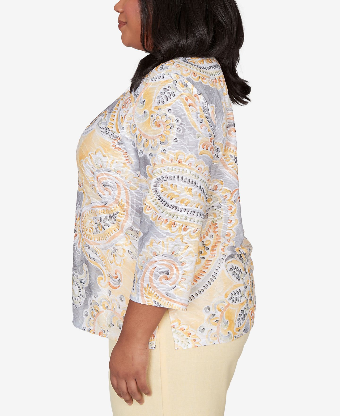 Женский топ Alfred Dunner Plus Size Al Fresco Paisley Printed Patch Knit, цвет: Разноцветный жёлтый — фото 4