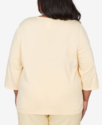 Plus Size Al Fresco Asymmetrical Floral Embroidered Textured Top