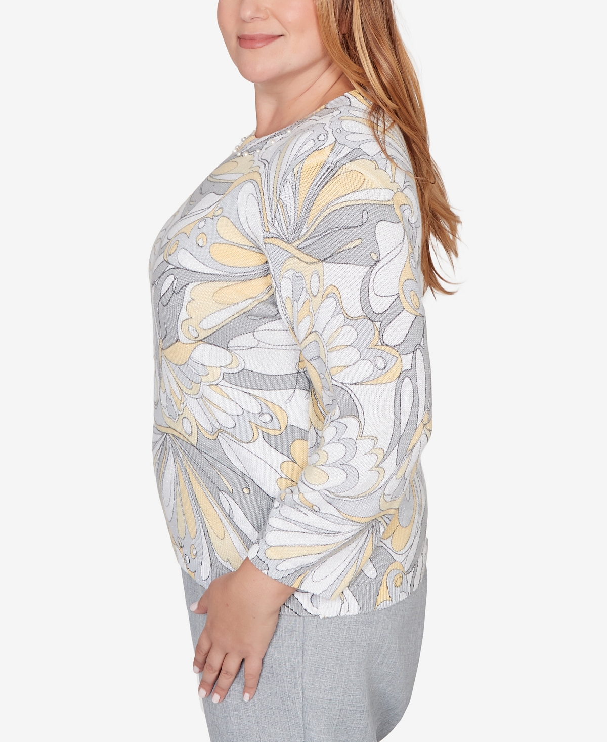 Alfred Dunner Plus Al Fresco Abstract Butterfly Ribbed Crew Neck Sweater