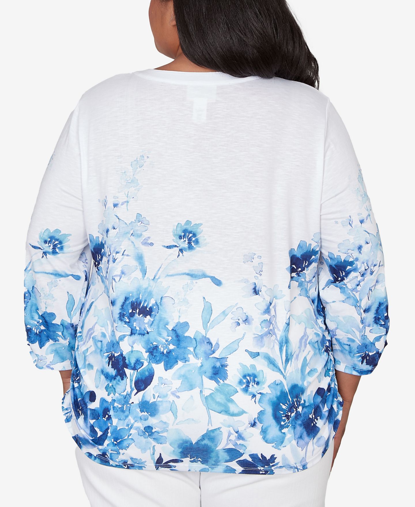 Женский топ Alfred Dunner Plus Size Mykonos Watercolor Floral Border Henley, цвет: Синий разноцветный — фото 5