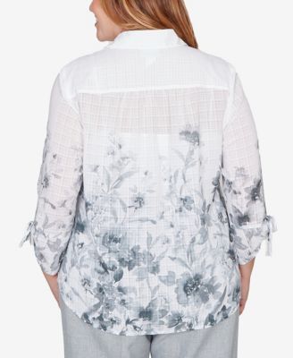 Plus Size Al Fresco Collared Watercolor Print Button front closure Top