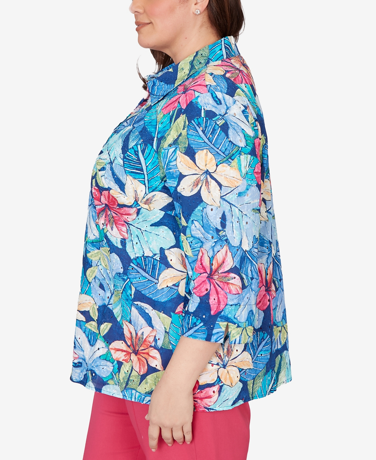 Alfred Dunner Plus The Royal Treatment Tropical Eyelet Button Down Top