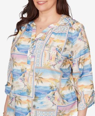 Plus Size Beachcomber Postcard Print Tie Sleeve Henley Top