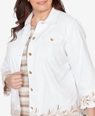 Plus Size Natural Wonder Leaf Cutout Embroidered Shirt Jacket
