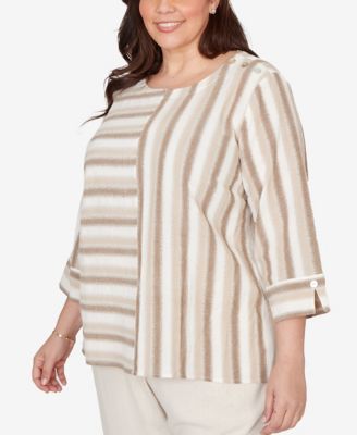 Plus Size Natural Wonder Spliced Stripe Three Quarter Sleeve Top