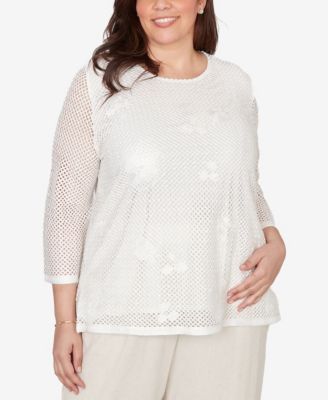 Plus Size Natural Wonder Sequin Mesh Flower Top