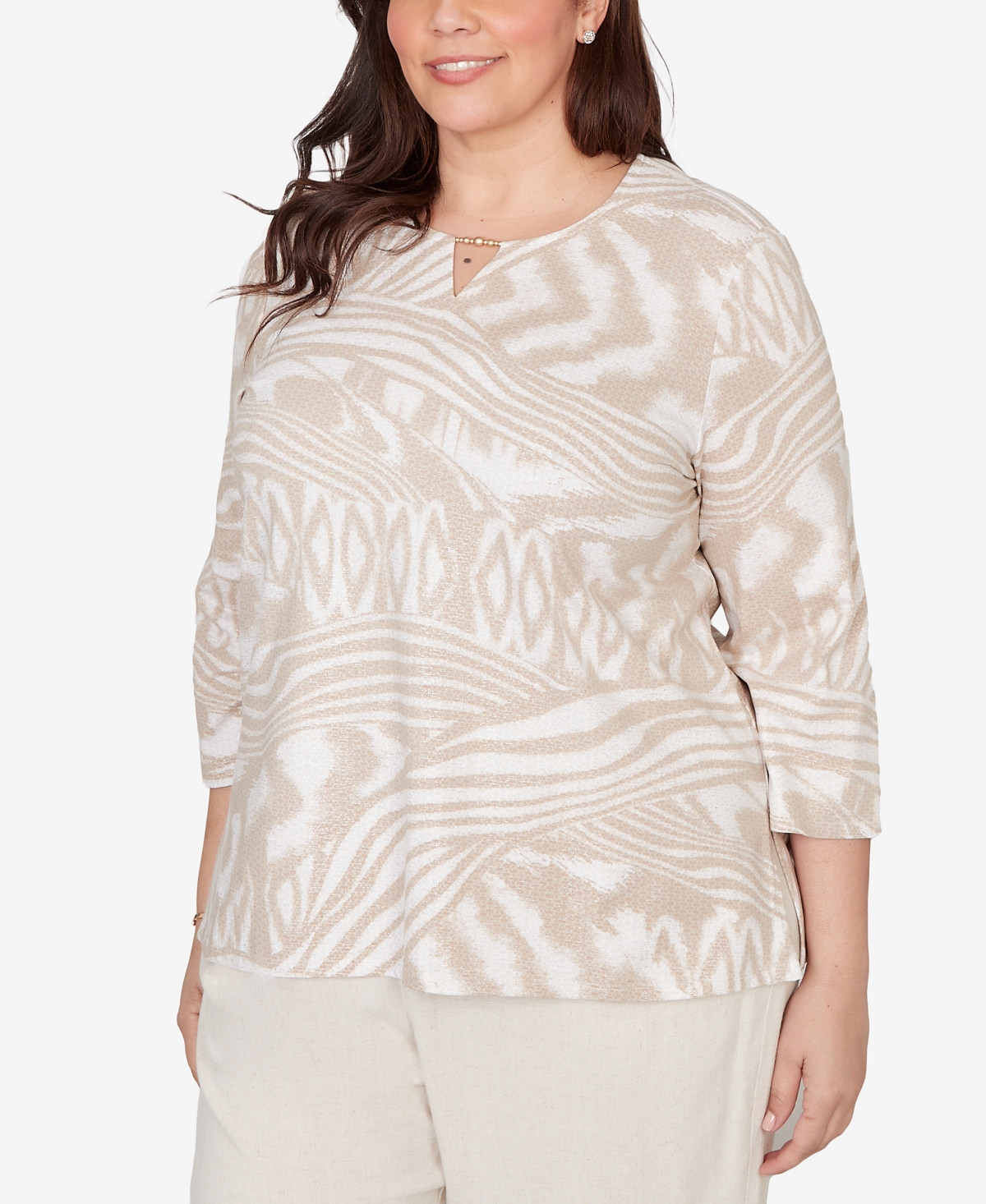 Alfred Dunner Plus Natural Wonder Animal Print Split Neck Beaded Top