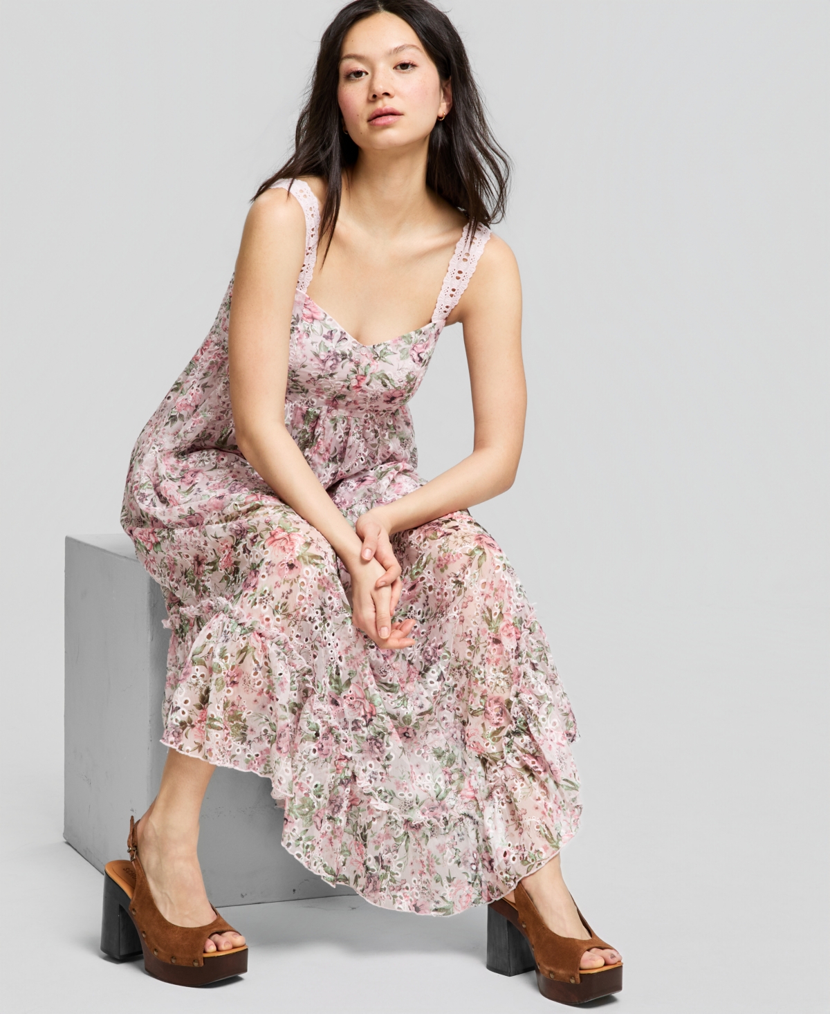 And Now This Women's Asymmetrical Chiffon Eyelet Maxi Dress, Macy's Exclusive