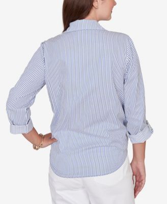 Petite Snap Front Tie Hem Pucker Stripe Top
