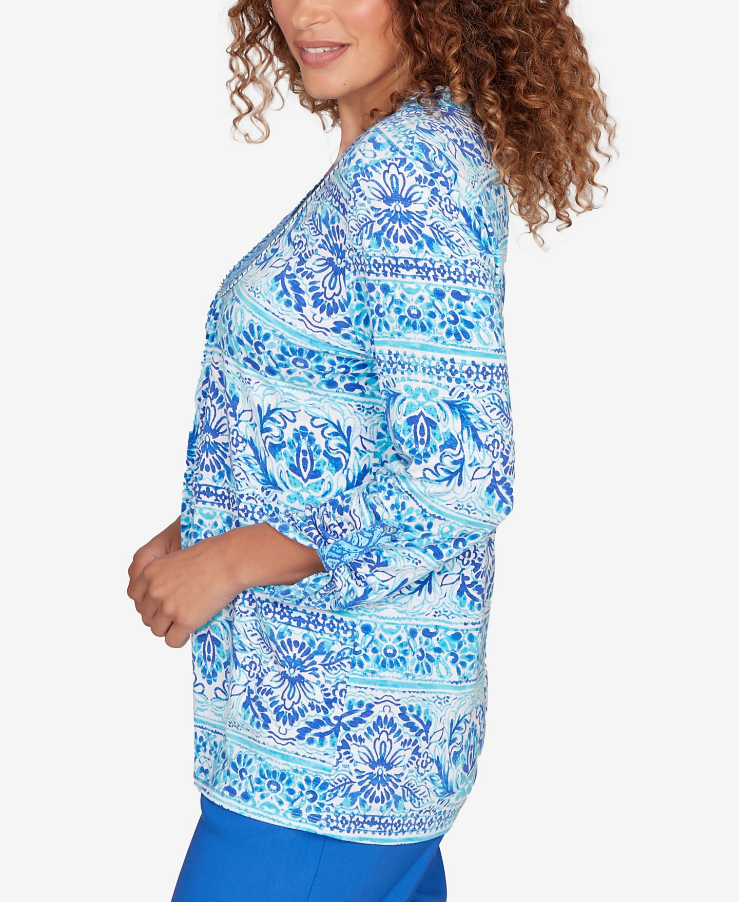Женский топ Ruby Rd. Petite Woodblock Twin Printed Knit, цвет: Синий разноцветный — фото 3