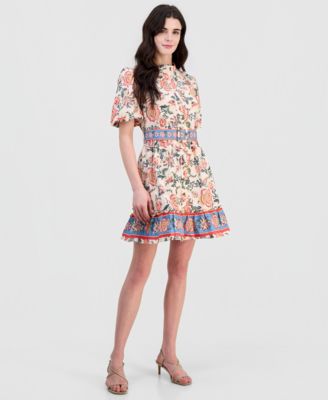 Women's Poplin Short-Sleeve Belted Border-Print Mini Dress