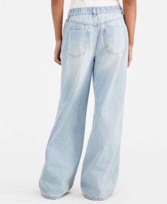 Juniors' Lace-Trim Destructed Elastic-Back Jeans
