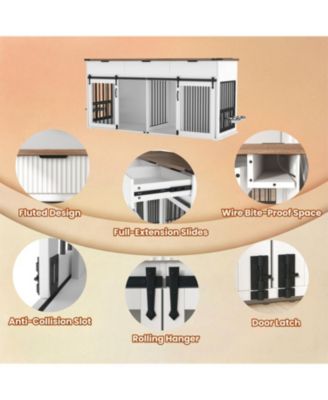 71" Double Dog Crate Furniture with Walnut Top, 3 Drawers, Outlet & Feeders