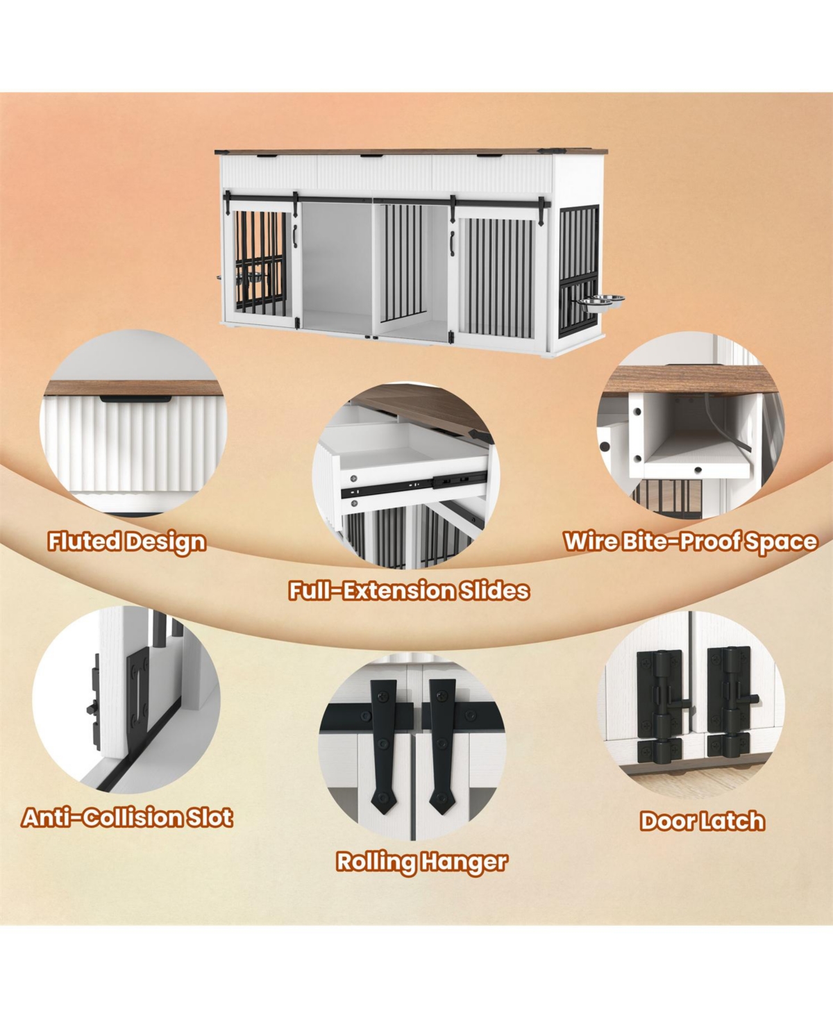 Aostirmotor 71" Double Dog Crate Furniture with Walnut Top, 3 Drawers, Outlet & Feeders