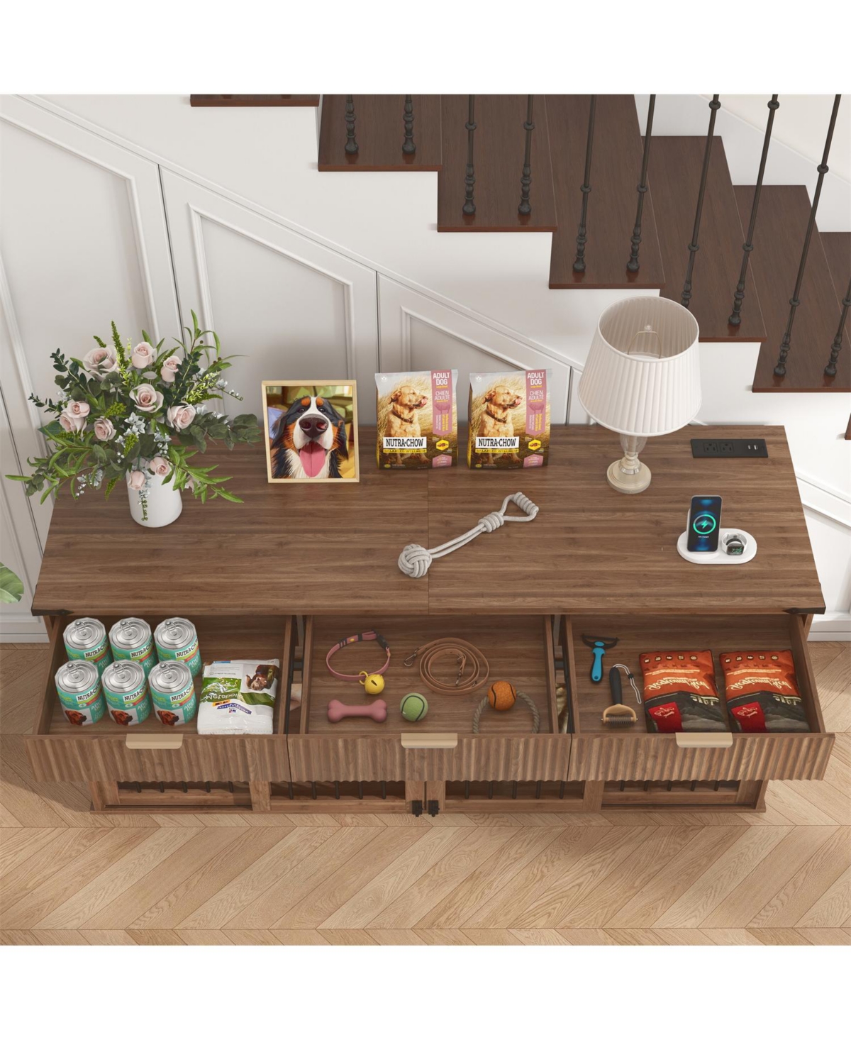 Aostirmotor 71" Double Dog Crate Furniture with Walnut Top, 3 Drawers, Outlet & Feeders