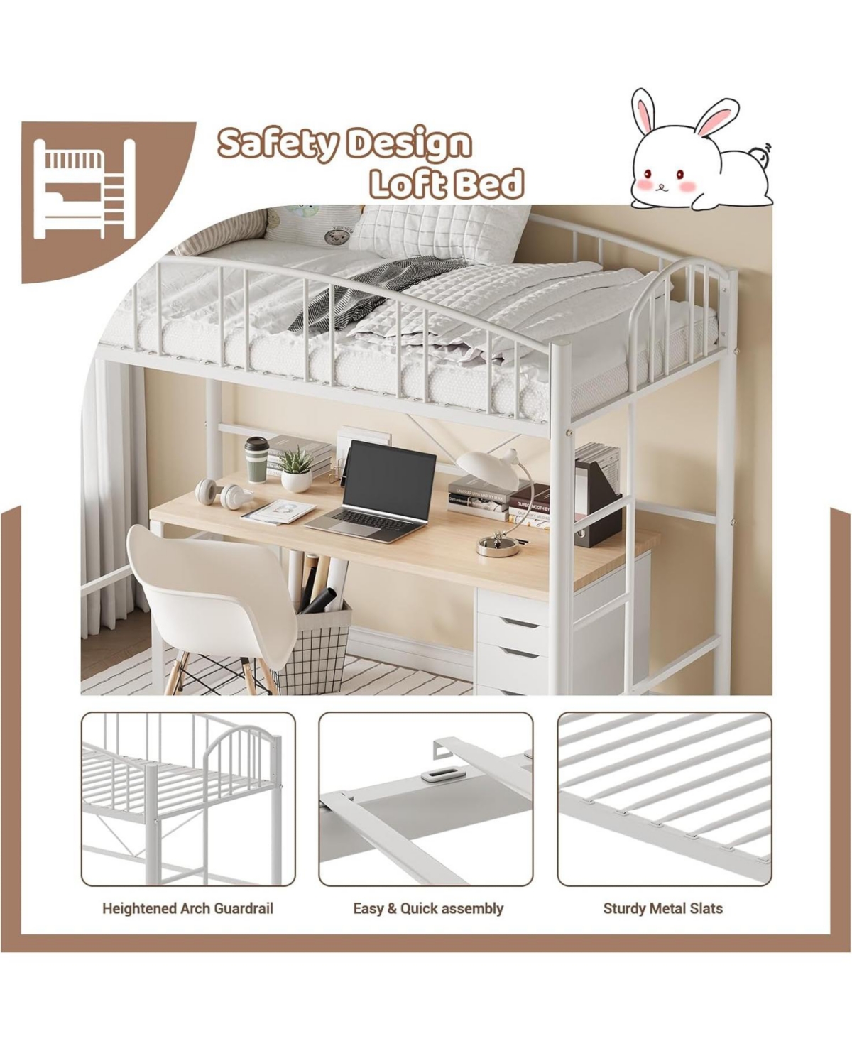gaomon Loft Bed Twin Size, Heavy Duty Metal Frame with Arched Guardrail and Safety Ladder, Space-Saving, No Box Spring Needed