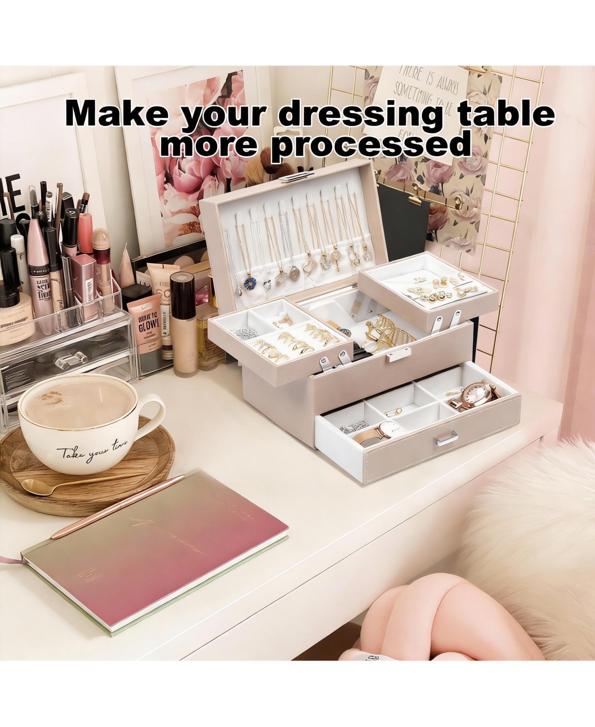 Yigii 3-Layer Jewelry Organizer Box for Women - Large Capacity, Pu Leather, Space-Saving