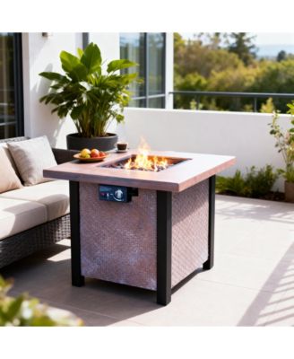 25 Inch H 28 Inch Square Outdoor Patio Propane Fire Pit Table 50000 BTU Rattan Weave Grain CSA Certified with Tabletop Cover