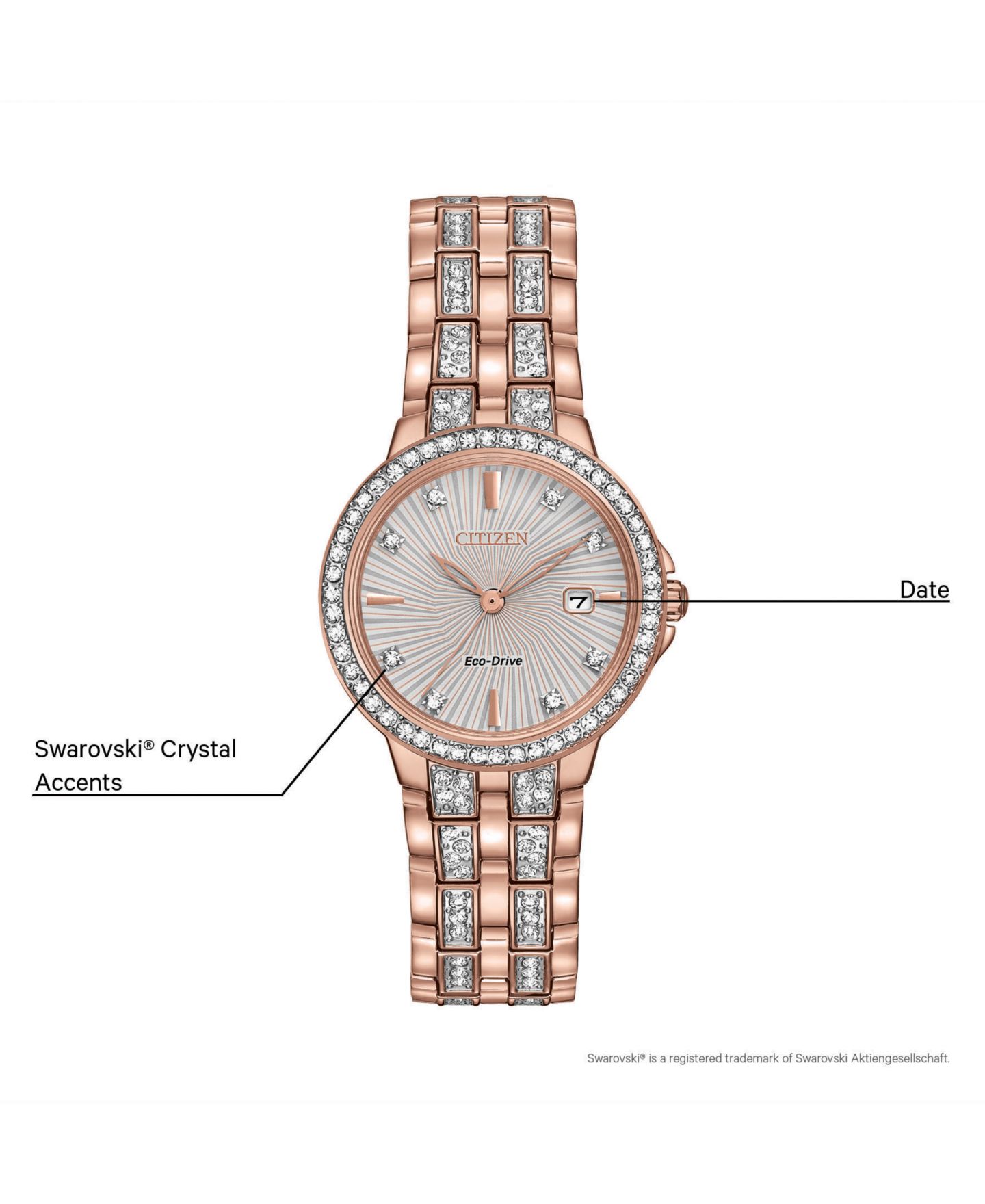 Женские часы Citizen Eco-Drive Crystal Accent Rose Gold-Tone Stainless Steel Bracelet Watch 28mm EW2348-56A — фото 6