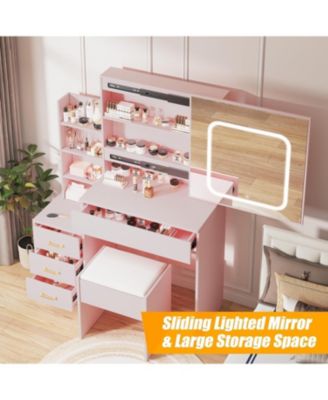 Vanity Desk Mirror and LED Lights - Makeup Vanity Desk for Bedrooms, Apartments, Easy to Assemble