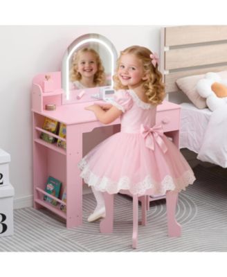 Kids Vanity Lighted Mirror - 2 in 1 Little Girls Vanity Table and Stool - Kids Makeup for Bedrooms, Apartments
