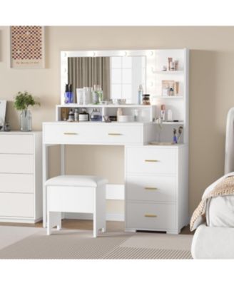 Makeup Vanity Desk Mirror and 10 LED Light Bulbs - White Dressing Table for Bedrooms, Apartments, Easy to Assemble