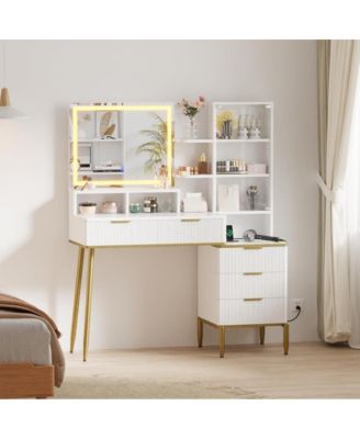 5 Drawer Makeup Vanity Desk Lights & Power Outlet, Modern Fluted Design for Bedrooms, Apartments, Easy to Assemble