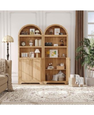 72" Modern Natural Arched Cabinet with Gold Handles – 5-Tier Wooden Pantry Cabinet with Double Doors & Adjustable Shelves