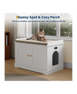 Wooden Cat Litter Box Enclosure, Hidden Litter Box Pet House with Barn Door Design, White