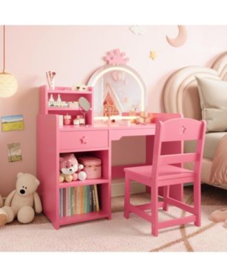 Kids Vanity Lighted Mirror - 2 in 1 Princess Vanity Set Toddler Vanity Table and Chair Set for Bedrooms, Apartments