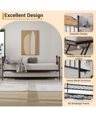 Twin Day Bed with Trundle Bed, Modern Sofa Bed Frame with Foldable Design, Metal Bed Frame & Heavy Duty Steel Slats