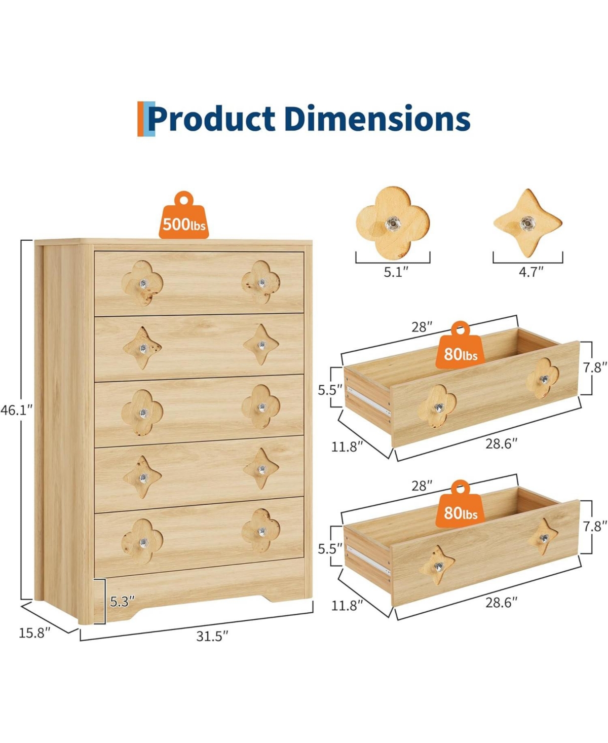 Gaomon Fluted 5-Drawer Dresser for Bedroom, 42.9" Tall Wooden Chest with Large Storage & Tv Stand Use, Beige