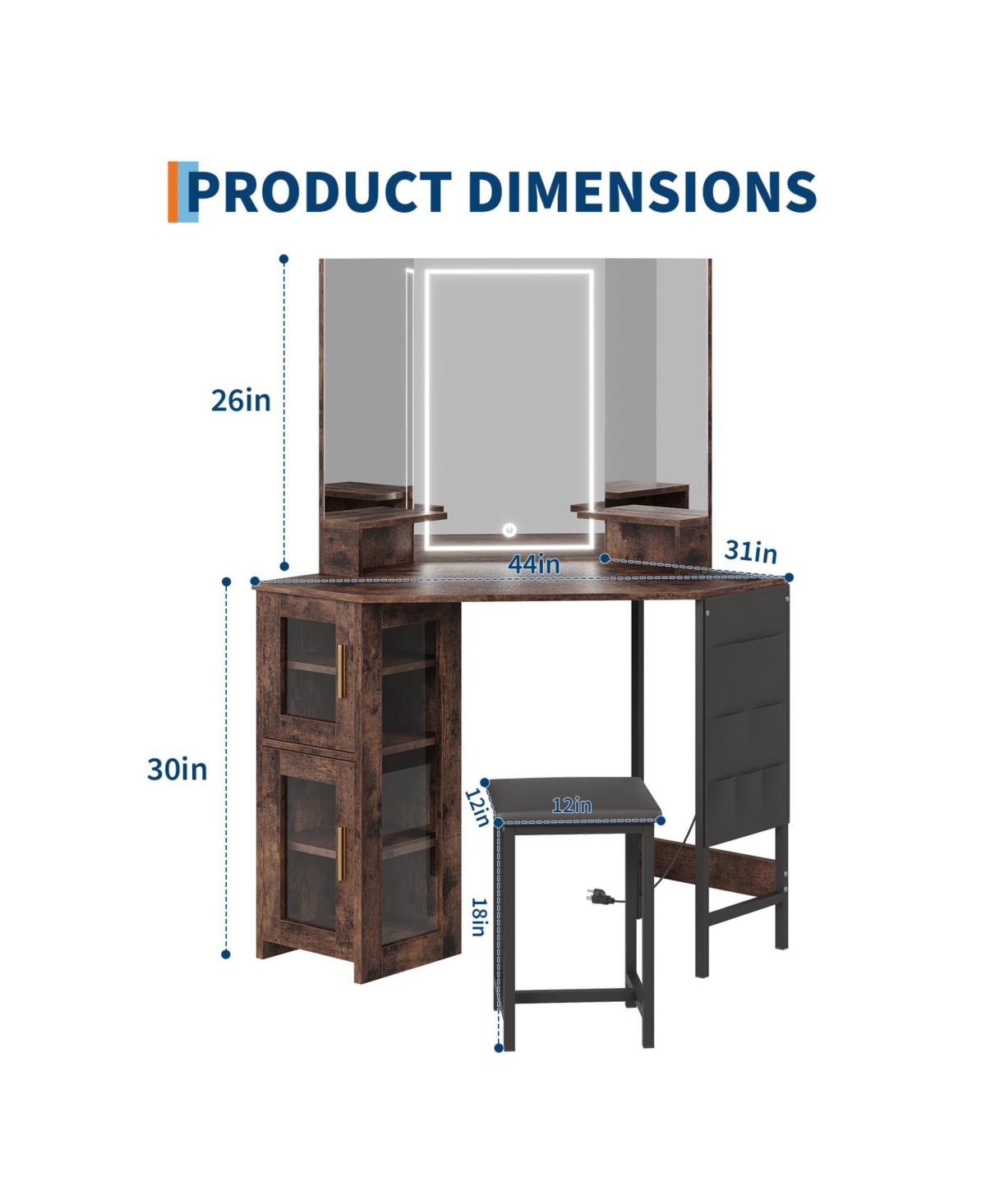 Gaomon Corner Vanity Desk Led Lighted Mirror Charging Station and Storage Cabinet for Bedrooms, Apartments
