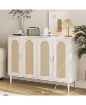 Rattan Buffet Cabinet with Storage,Sideboard Cabinet with 4 Doors and Adjustable Shelves, Console Coffee Bar with Charging Station, Boho Wood