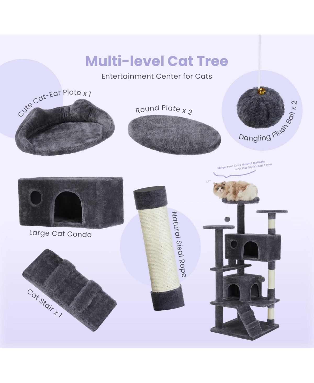 Zeus & Ruta 70" Grey Large Cat Tree Tower: Multi-Level, Scratching Post, Jumping Platform Space