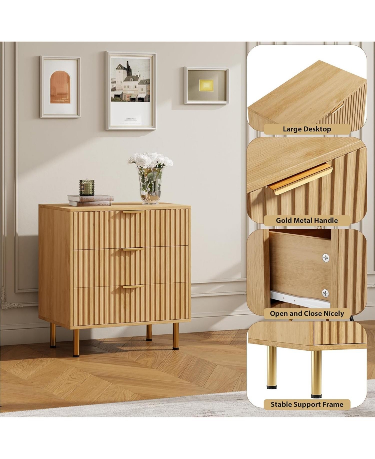 gaomon Fluted 3 Drawer Dresser for Bedroom, Modern Nightstand with Deep Drawers
