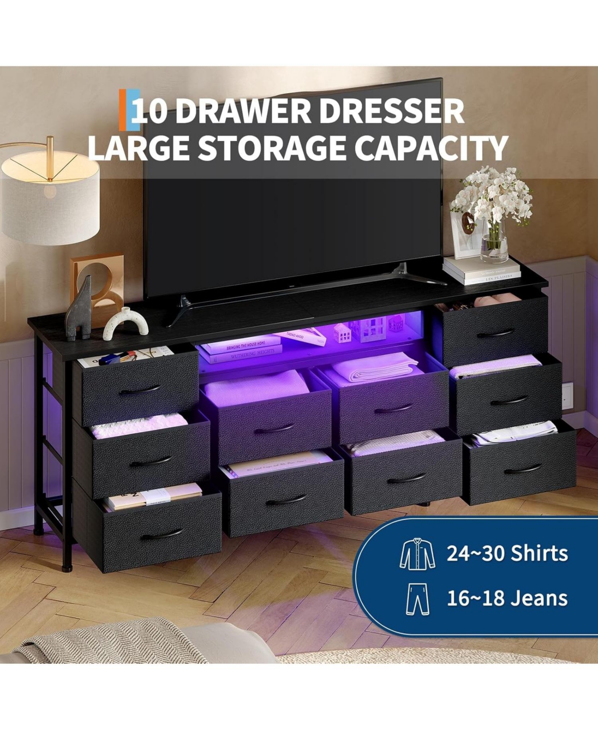 gaomon Long Dresser for Bedroom with 10 Fabric Drawers, Entertainment Center Tv Stand 65"-75"