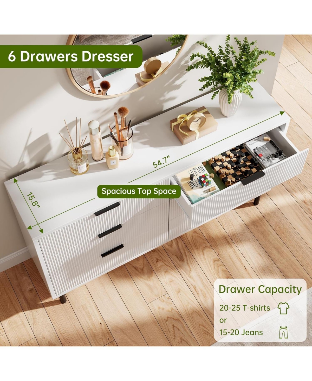 gaomon Modern Fluted 6 Drawer Dresser for Bedroom, Wide Chest of Drawers with Metal Handles and Legs, Wooden Tv Stand, Clothes Storage Cabinet